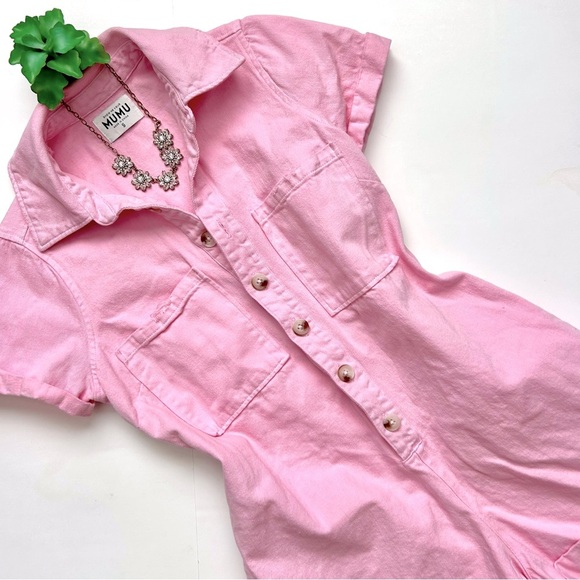 Show Me Your Mumu Pink Denim Range Romper Utility Button Front Jumpsuit Size S - Picture 2 of 15
